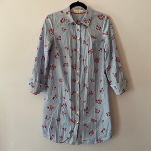 Boden 6 Blue White Stripe Red Floral Button Down Knee Length Shirt Dress Cotton